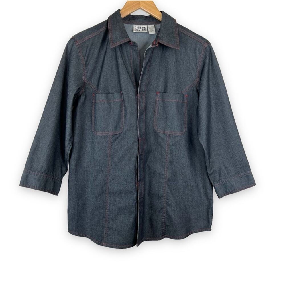 Chico’s blouse women's M chambray hook and loop 3/4 sleeve stretch navy blue